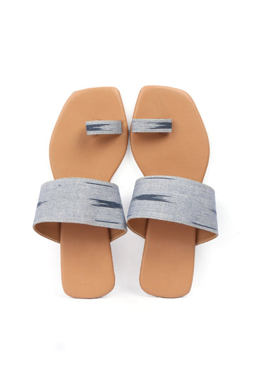 Slate Blue & Tawny Brown Ikat One Toe Cruelty Free Leather Flats